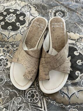 Donald J. Pliner Beige Cork-Effect Crossover Slide Mules
